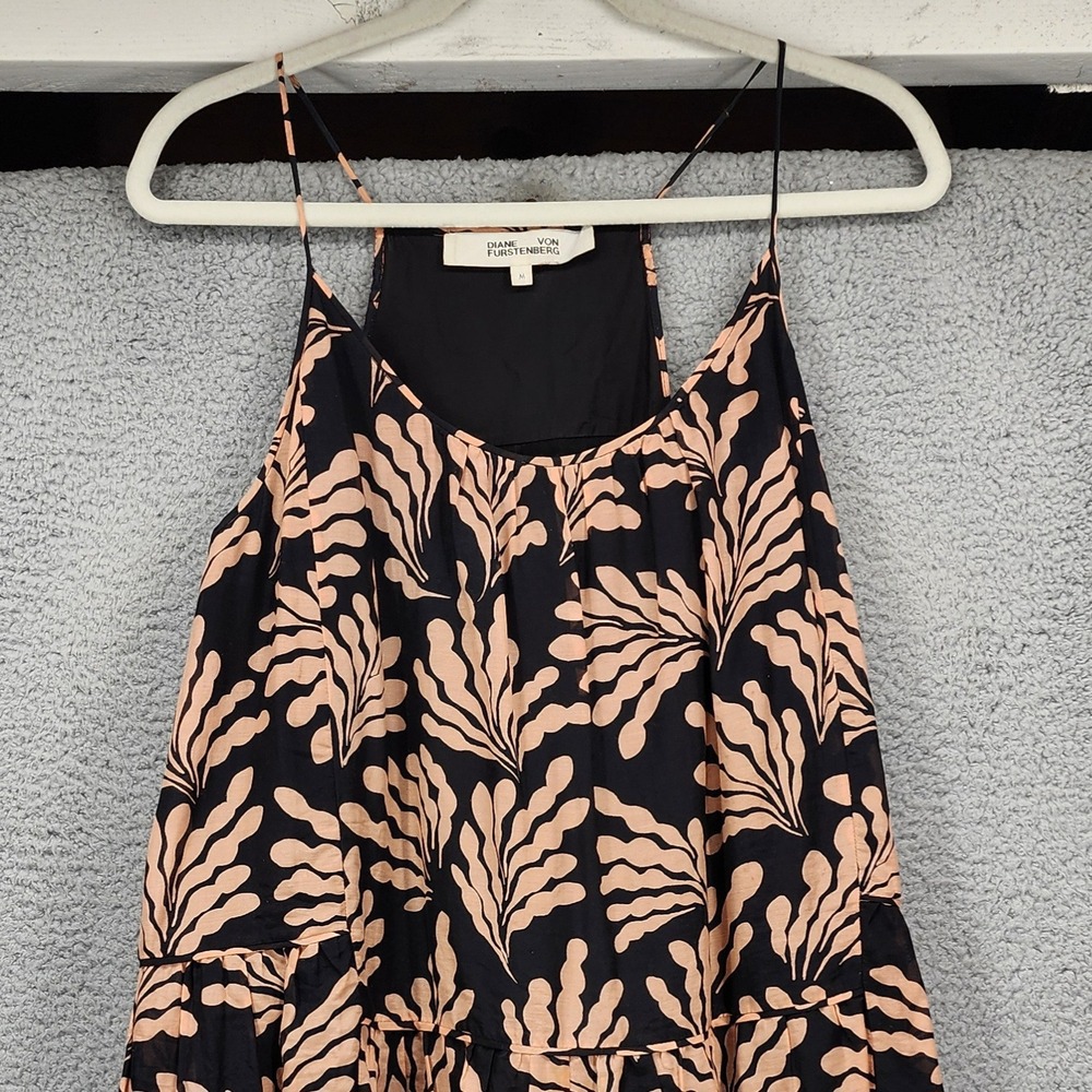 Diane von Furstenberg Black Peach Leaf Print Tiered Mini Dress Womens Medium M‎ - Picture 8 of 12